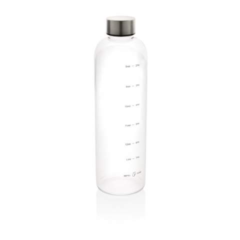 This large water bottle will make sure that you will reach your daily hydration goals! The sleek looking bottle features a time line. In a quick glance the timeline will tell you when to take your next sip throughout the day. No more guesswork, your daily water intake will be like clockwork! The body of the bottle is made from 100% GRS certified RPET. GRS certification ensures a completely certified supply chain of the recycled materials. Hand wash only. This product is for cold drinks only. Total recycled content: 86% based on total item weight. BPA free. Capacity 1000ml.