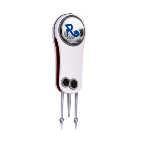 lightweight, automatic fold-in pitchfork with RepAirTec pin technology, made of aluminium with ABS rubber handles. Equipped with a magnetic ball marker with doming and pencil sharpener