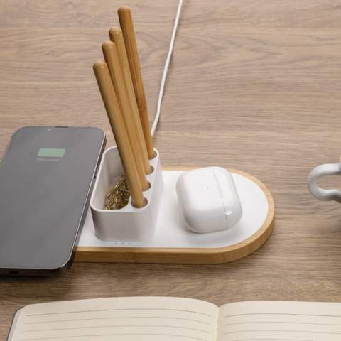 Dual 10W fast wireless charger with pen holder made with RCS (Recycled Claim Standard) certified recycled ABS. Total recycled content: 31% based on total item weight. RCS certification ensures a completely certified supply chain of the recycled materials. The base is made from  FSC®100% bamboo. Wireless charging compatible with Android latest generations, iPhone 8 and up. Can charge two phones at the same time or charge any other wireless device. With 4 pen holes for storing pens/pencils and small storage for business card or other small objects. Item and accessories PVC free. Including 120 cm type C charging cable made from RCS certified recycled TPE. Packed in  FSC®mix kraft box. Type-C in; Input 5V/2A; 9V/2A; Wireless output 5V/1A;9V/1.1A; (10W) Registered design®<br /><br />WirelessCharging: true<br />PVC free: true