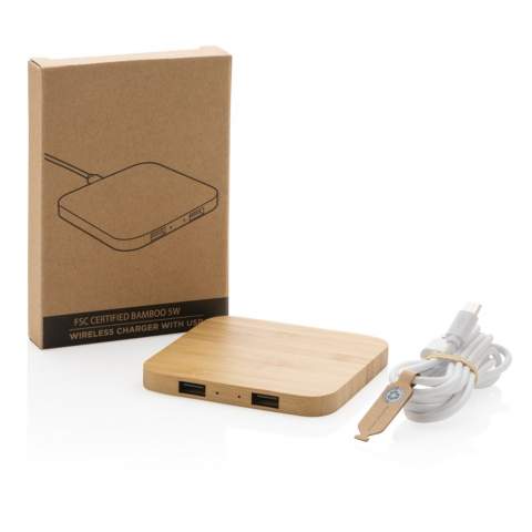 5W wireless charger made from 100% FSC® certified bamboo. With 150cm 100% RCS recycled TPE micro USB cable. Compatible with all QI enabled devices like Android latest generation, iPhone 8 and up. Input: 5V/2A; Wireless Output: 5V/1A - 5W.; Item and accessories 100% PVC free. Packed in FSC®mix packaging.<br /><br />WirelessCharging: true<br />PVC free: true