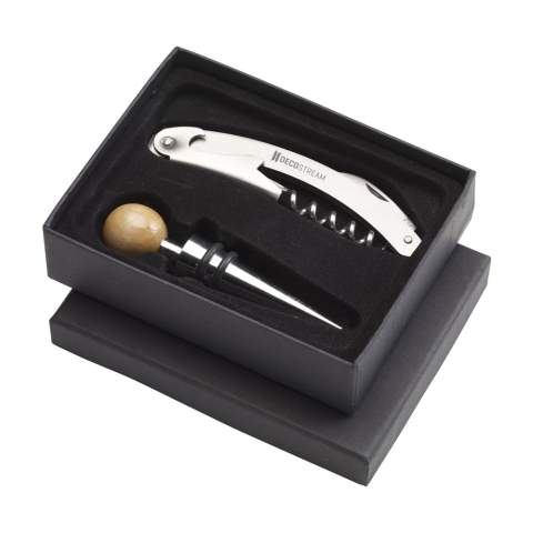 2-piece wine gift set: matte steel waiters friend and bottle stopper with rounded wooden handle. Each set in a box. Items supplied as a set with, each set individually boxed.