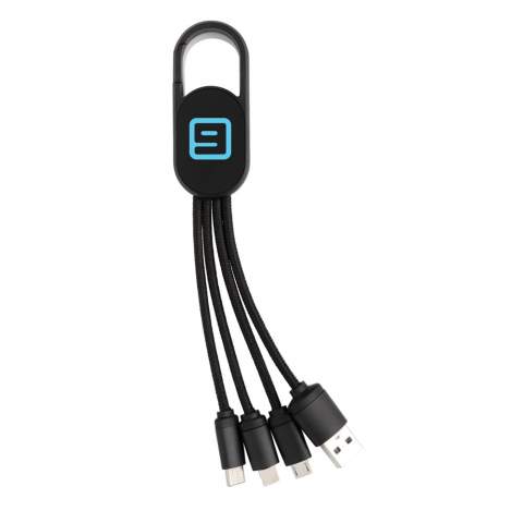 4 in 1 charging cable with carabiner. USB input plug and for output: double-sided connector for IOS devices, micro USB and type C output. Suitable for charging all common mobile devices. ABS material casing with 10 cm long nylon braided cables. Supports up to 2.1A charging.