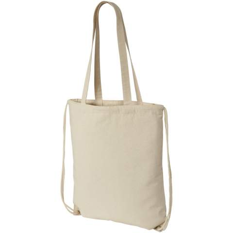 Multi-functional cotton bag with long handles and drawstring which can be carried as tote or backpack. Large main compartment with drawstring closure. Features two dropdown handles length of 31 cm. Capacity: 1.5 L, resistance up to 5 kg weight.