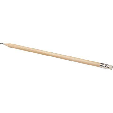 Bleistift mit Radiergummi. Der Bleistift ist aus Pappelholz und Graphit, der Radiergummi ist aus Kunststoff und die Hülse ist aus Aluminium gefertigt.