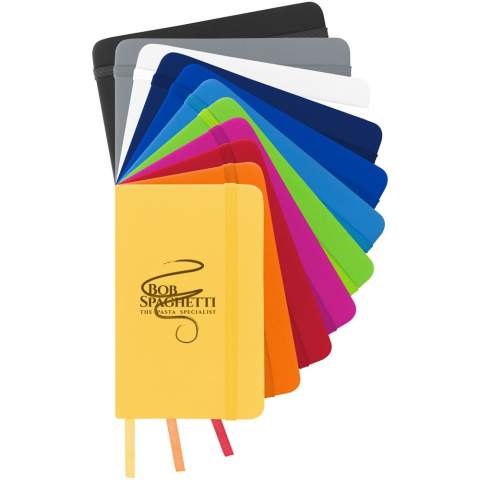 Besides being an office essential, the Spectrum notebook is also a great item to promote any brand. The hardcover notebook consists of cardboard covered with a soft touch PVC cover. The 96 lined responsibly sourced sheets of 60 g/m² are ideal for jotting down quick ideas or long notes. The A6 reference size is practical, as it fits smoothly into the average bag and is easy to hold. The ribbon of the bookmark and the elastic closure are in the same colour.