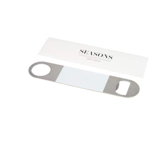 Bottle opener made of stainless steel with a large coloured area in the middle.