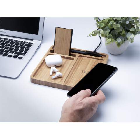 ECO desk organizer made of high-quality and sustainable bamboo. The organizer has space for things like your keys, phone, pen and card holder. This keeps your desk tidy and allows you to easily find all your important things. This multifunctional eye catcher has a built-in wireless charger for your phone. Compatible with all devices that support QI wireless charging (the newest generations Android and iPhone). Input: 5V/1.5A.  Output: 5VmA. Includes USB-C charging cable and user manual. Each item is supplied in an individual brown cardboard box.