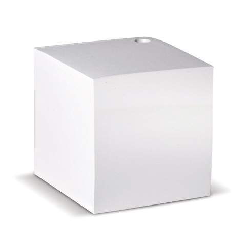 Cube with white paper and a hole for a pen. Printing is possible on each individual sheet. Circa 840 wood-free sheets.