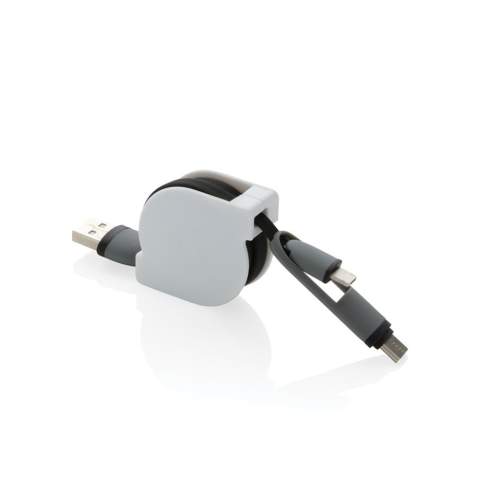 Compacte en oprolbare 3-in-1 oplaadkabel met type C en dubbelzijdige connector voor iOS- en Android-apparaten die micro-USB vereisen. Dankzij het rolmechanisme kan de 100 cm lange platte kabel gemakkelijk worden meegenomen zonder dat deze in de knoop raakt. ABS behuizing met TPU-kabel. Ook geschikt voor synchroniseren.