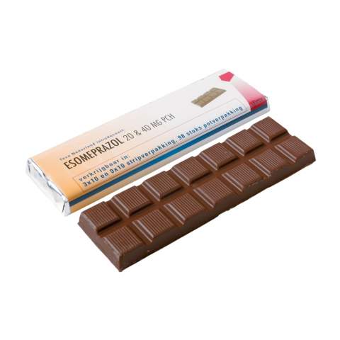 Chocoladereep van ca. 75 gram, voorzien van een full colour bedrukte wikkel. Leverbaar in melk -of pure chocolade.