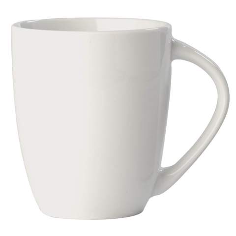 A white mug made from high quality porcelain. Made in Europe. Conical style with a large handle.