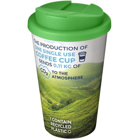 Double-wall insulated tumbler with a secure twist-on spill-proof lid. The lid clips closed to better prevent spillages, and is manufactured without silicone for a fully recyclable mug. The outer layer of the tumbler is made from recycled plastic. Tumbler features a full colour wraparound design, moulded into the product, making it long lasting and durable. Volume capacity is 350 ml. EN12875-1 compliant, dishwasher safe and microwave safe. You can mix and match colours to create your perfect mug. Made in the UK. BPA-free.