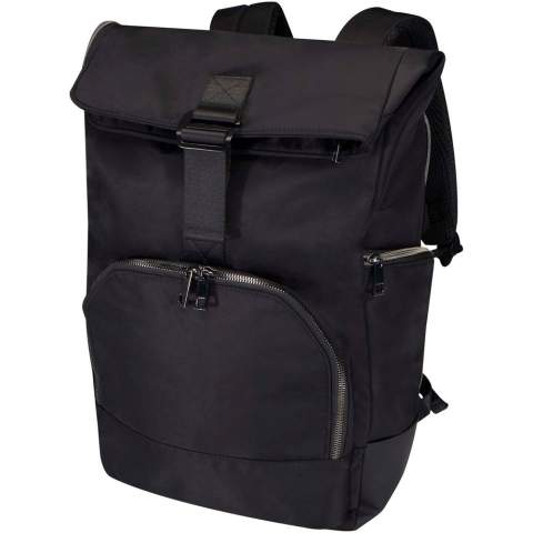 The Rhine rolltop backpack enables you to shift between work and leisure life seamlessly with its sleek style and versatility. Crafted with high-quality GRS certified recycled nylon, soft RPET lining, and premium PU leather elements. The backpack features a dedicated 15” laptop compartment with 2 additional pockets for electronic accessories, a main compartment with a practical L-zip entry and 2 pockets, a zipped organisational front pocket, and a side pocket. Enjoy maximum carrying comfort with the padded and adjustable shoulder straps, and PU wrapped top handle. Volume capacity: 18 litres. Resistance up to 10 kg weight. PVC free.