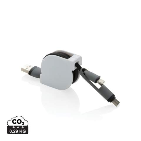 Compacte en oprolbare 3-in-1 oplaadkabel met type C en dubbelzijdige connector voor iOS- en Android-apparaten die micro-USB vereisen. Dankzij het rolmechanisme kan de 100 cm lange platte kabel gemakkelijk worden meegenomen zonder dat deze in de knoop raakt. ABS behuizing met TPU-kabel. Ook geschikt voor synchroniseren.