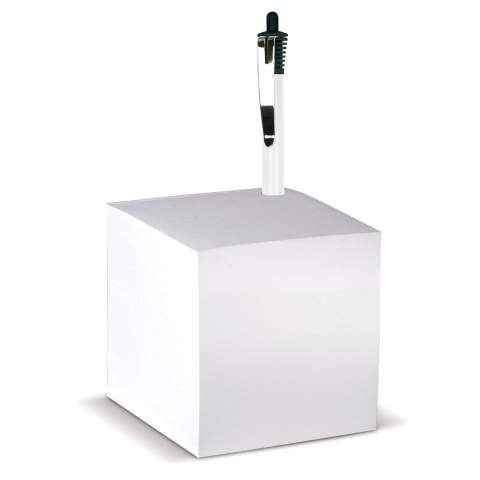 Cube with white paper and a hole for a pen. Printing is possible on each individual sheet. Circa 840 wood-free sheets.