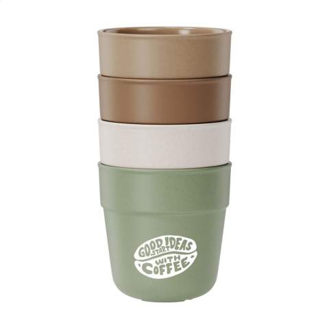 Reusable coffee cup from the BE O Lifestyle brand. A durable, stackable cup in a handy size. Made from vegetable fats and oils from the waste product of catering establishments in the Netherlands. 100% recyclable. This means it has a minimal CO2 footprint. Free from BPA and melamine this cup is also odorless and tasteless. This elegant cup is ideal as a replacement for your disposable coffee machine cup. An environmentally friendly and responsible product. EU certified. Capacity 220 ml. Dutch design. Made in Europe.