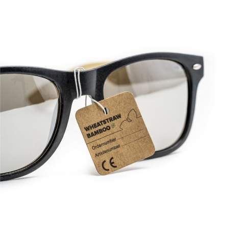 Eco-friendly sunglasses with bamboo temples, wheat straw frame and silver coloured mirrored lenses with UV 400 protection (according to European standards).