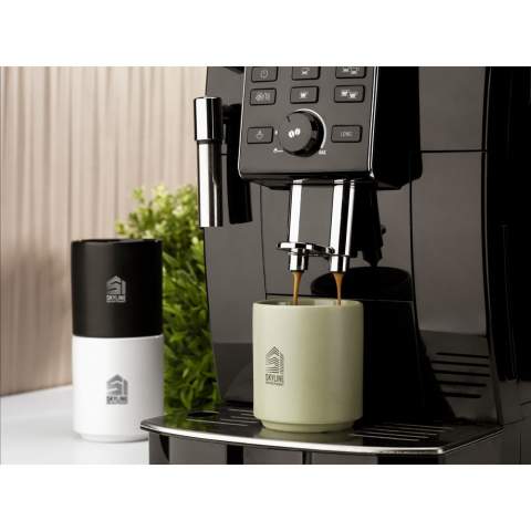 Stackable mug without handle, in a timeless design. Made of high-quality ceramics. Finished with a matt outside and high-gloss interior. Suitable for most coffee machines.  Dishwasher-safe. The imprint is tested and certified dishwasher-safe: EN 12875-2. Capacity 200 ml.