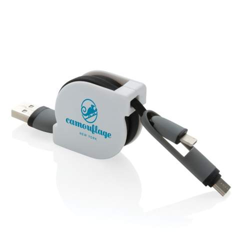 Compacte en oprolbare 3-in-1 oplaadkabel met type C en dubbelzijdige connector voor iOS- en Android-apparaten die micro-USB vereisen. Dankzij het rolmechanisme kan de 100 cm lange platte kabel gemakkelijk worden meegenomen zonder dat deze in de knoop raakt. ABS behuizing met TPU-kabel. Ook geschikt voor synchroniseren.