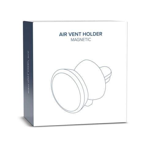 Magnetischer Handyhalter aus zwei Teilen: eine Metallplatte mit Aufkleber zum Anbringen auf der Rückseite des Handys und einem magnetischen Halter für das Lüftungsgitter im Auto. Nutzen Sie die Lüftung als Handyhalter.