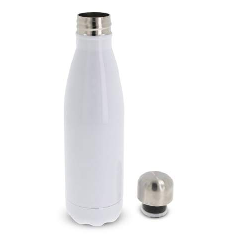 Bouteille isotherme double paroi 500ml en Inox alimentaire, 100% étanche. Double utilisation – froid et chaud pendant 24h (selon conditions). Marquage en sublimation , nominatif possible,  sur une très grande surface. Livré sous boîte cadeau. La bouteille peut être utilisée en remplacement des bouteilles en plastique. Tous nos produits sont testés et certifiés, et répondent  aux normes sociales. Peut contenir des boissons gazeuses.