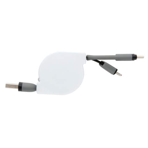 Compacte en oprolbare 3-in-1 oplaadkabel met type C en dubbelzijdige connector voor iOS- en Android-apparaten die micro-USB vereisen. Dankzij het rolmechanisme kan de 100 cm lange platte kabel gemakkelijk worden meegenomen zonder dat deze in de knoop raakt. ABS behuizing met TPU-kabel. Ook geschikt voor synchroniseren.