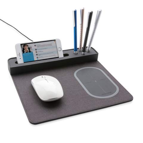 Quickly power up your smartphone by cable or any mobile device that supports wireless charging by simply setting it down on the right side of the mousepad. Sleek, slim rectangular mousepad design with anti-slip back comes with phone stand and 4 pen stands. Including 1.5m cable. Input: 5V/1A; Output 5V/1A; Wireless output: 5V/1A 5W.<br /><br />WirelessCharging: true
