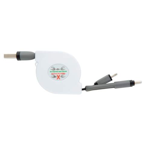 Compacte en oprolbare 3-in-1 oplaadkabel met type C en dubbelzijdige connector voor iOS- en Android-apparaten die micro-USB vereisen. Dankzij het rolmechanisme kan de 100 cm lange platte kabel gemakkelijk worden meegenomen zonder dat deze in de knoop raakt. ABS behuizing met TPU-kabel. Ook geschikt voor synchroniseren.