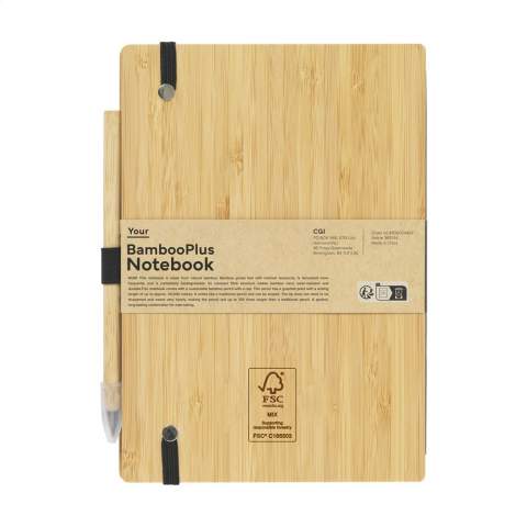 WoW! Environmentally friendly, A5-sized notebook with sturdy bamboo hardcover, equipped with a handy pen loop and closing elastic. The notebook has approximately 80 sheets/160 pages of white, lined, recycled FSC®MIX-certified paper (80 g/m²). This notebook comes with a sustainable bamboo pencil with a cap. This pencil has a graphite point with a writing length of up to approx. 20,000 metres. It writes like a traditional pencil and can be erased. The tip does not need to be sharpened and wears very slowly, making the pencil last up to 100 times longer than a traditional pencil. A perfect, long-lasting combination for note-taking. Each item supplied with an individual kraft sleeve.