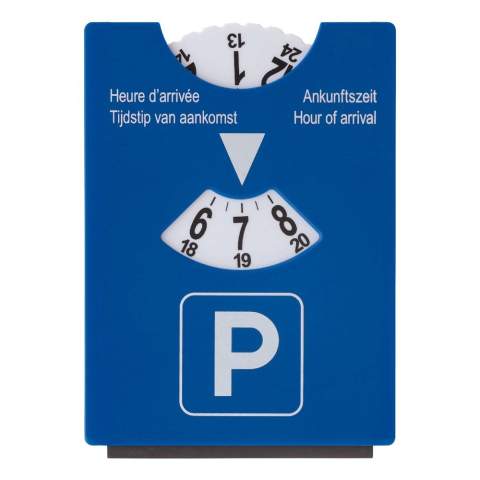 Parkeerschijf met ijskrabber die voldoet aan de Europese wetgevingen (exclusief Frankrijk). Groot bedrukkingsoppervlak op de achterzijde van de ijskrabber.