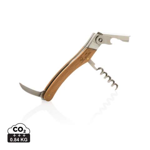 Professional corkscrew made with FSC 100% beech wood and high hardness and corrosion resistant stainless steel (420). Rockwell hardness 45-55. The item comes with 3 functions: Bottle opener, Cork screw & Foil cutter. Packed in FSC mix kraft box.<br /><br />PVC free: true