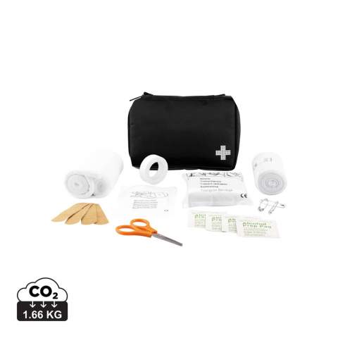 24 pcs zipper pouch, including bandage, medical gloves, pair of scissors and tape in nylon pouch, contents are flat packed so complete set fits mailbox, 200g. Conform EN 13485:2016.