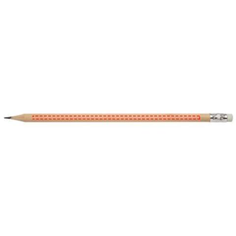 Bleistift mit Radiergummi. Der Bleistift ist aus Pappelholz und Graphit, der Radiergummi ist aus Kunststoff und die Hülse ist aus Aluminium gefertigt.