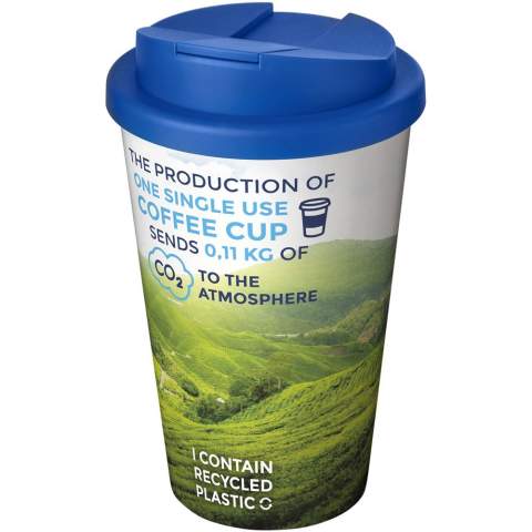 Double-wall insulated tumbler with a secure twist-on spill-proof lid. The lid clips closed to better prevent spillages, and is manufactured without silicone for a fully recyclable mug. The outer layer of the tumbler is made from recycled plastic. Tumbler features a full colour wraparound design, moulded into the product, making it long lasting and durable. Volume capacity is 350 ml. EN12875-1 compliant, dishwasher safe and microwave safe. You can mix and match colours to create your perfect mug. Made in the UK. BPA-free.