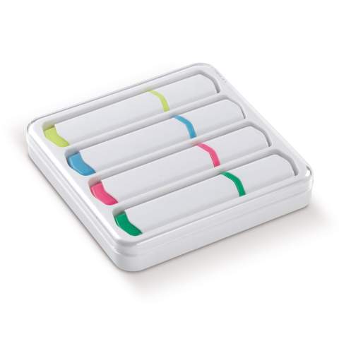 Set with four basic highlighters in useful plastic box with transparent lid. The highlighters are in a unique Toppoint design. The coloured details of the highlighter show the writing colours.