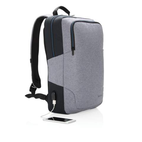 Unique designed 15” laptop backpack with one large main compartment for your laptop and one front compartment. Innovative handsfree suction system on the straps will hold your phone while commuting. Connect your powerbank easily to the integrated USB charging port and charge your phone or tablet on the go. Registered design®<br /><br />FitsLaptopTabletSizeInches: 15.0<br />PVC free: true