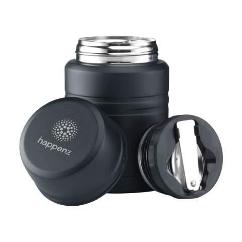 Double-walled, vacuum-insulated stainless-steel food container with matte coating and stainless-steel leak-proof screw cap. A collapsible spoon is also stored in the cap. This food container has a large opening for easy filling and cleaning. It can keep food and drink warm or cool for a long period of time. Food Approved and leak-proof. Ideal for transporting, hot drinks, soup or yogurt with fruit. Capacity 500 ml.