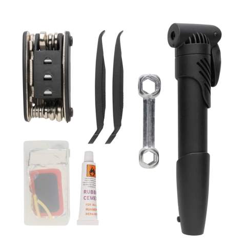 Luxury bike repair set in 600D pouch.  The set contains  6pcs rubber repair patches, 1 pc tinplate grater, 2pcs latex valve tubes, 1pc glue, 2pcs nylon lever, 1pc aluminum alloy bone wrench,  1 pc carbon steel 16-in-1 multi tools, 1 nylon Pump. The 16 in 1 wrench includes: Hex wrench 2mm/2.5mm/3mm/4mm/5mm/6mm each; socket wrench 8mm/9mm/10mm each; Slotted Screwdriver, Phillips Screwdriver, Socket Extension Rod,; flat wrench 8/10/15/mm, spoke wrench/14GE.