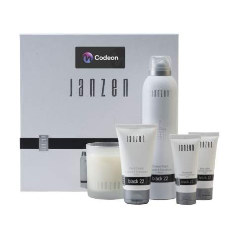 Un set cadeau avec 5 produits au parfum Black 22 de la marque Janzen. Une sensation de zénitude garantie avec les produits pour la maison et le corps de ce coffret. Contenu : • Shower Foam - 200 ml • Scented Candle - 120 gr • Hand Cream 75 ml • Body Lotion - 40 ml • Shower Gel - 40 ml. Cinq délicieux produits pour la maison et le corps qui procurent des moments de bonheur et de détente ultimes. Un parfum à la fois frais et chaud, en équilibre entre la légèreté et l’intensité. Black 22 est un riche bouquet comprenant de la bergamote et des épices, des écorces tropicales et des fèves tonka sucrées – également connues sous le nom de « fruit défendu ». Les produits raffinés sont déjà emballés dans un luxueux coffret cadeau. Par set dans une boîte.