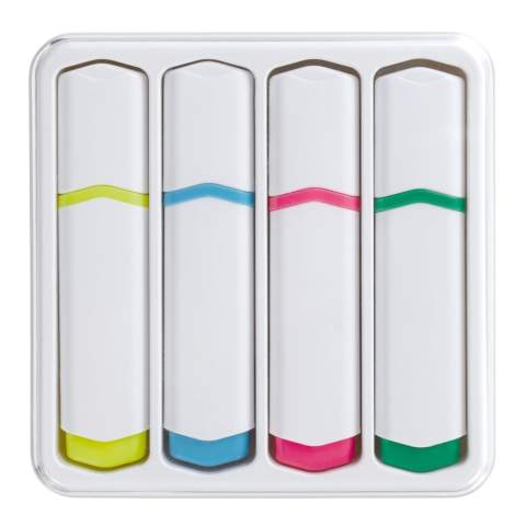 Set with four basic highlighters in useful plastic box with transparent lid. The highlighters are in a unique Toppoint design. The coloured details of the highlighter show the writing colours.