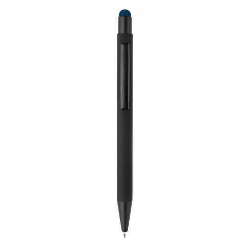 This elegant metal ball pen with black trims can be laser engraved and the logo will come out in the colour of the stylus tip. Writing colour: blue.