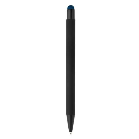 This elegant metal ball pen with black trims can be laser engraved and the logo will come out in the colour of the stylus tip. Writing colour: blue.