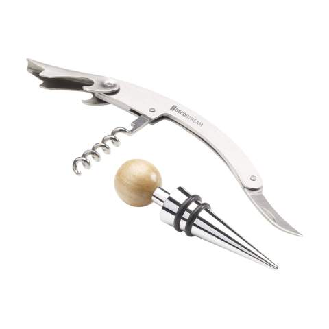 2-piece wine gift set: matte steel waiters friend and bottle stopper with rounded wooden handle. Each set in a box. Items supplied as a set with, each set individually boxed.