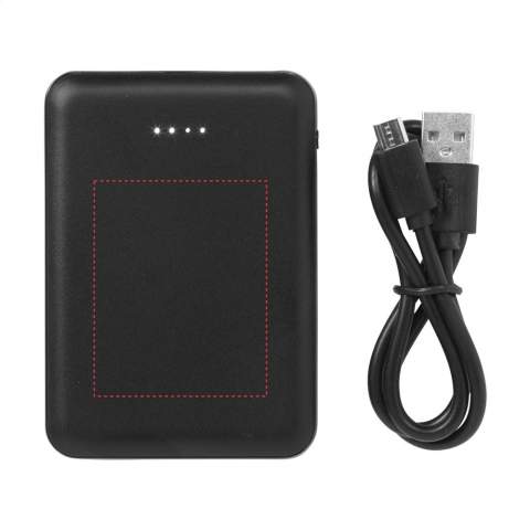 Small, light and very powerful power bank with built-in lithium polymer battery (5000 mAh). The casing is made from recycled ABS plastic. This powerhouse easily fits in your trousers pocket allowing you to comfortably take it anywhere. Input 5V/2A. Dual output: 2 x 5V/2A. Includes USB-C charging cable and user manual. RCS-certified. Total recycled material: 45%. Each item is individually boxed.