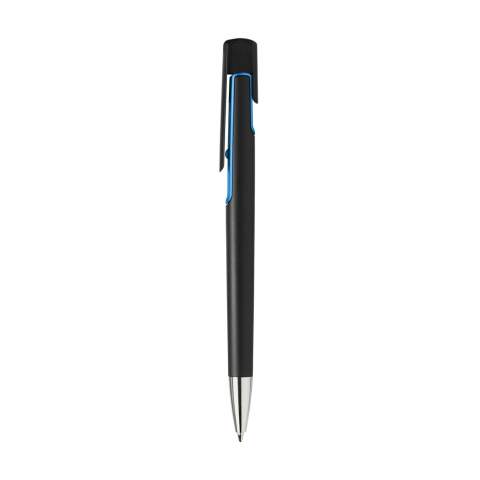 Stylo à encre bleue avec corps noir mat et clip d'aspect métallique de couleur.