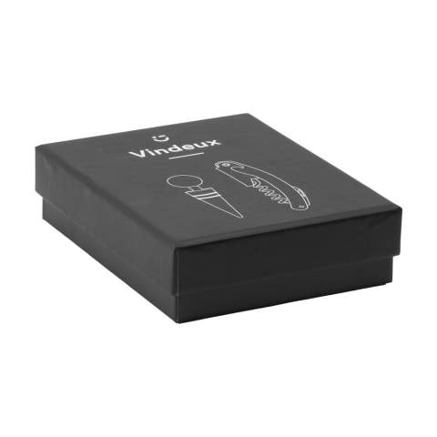 2-piece wine gift set: matte steel waiters friend and bottle stopper with rounded wooden handle. Each set in a box. Items supplied as a set with, each set individually boxed.