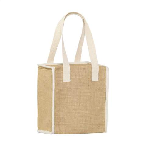 WoW! Strapazierfähige Einkaufs-/Kühltasche aus einem robusten Jute- und Baumwollmischgewebe mit isolierter Innenseite. Diese Tasche hat einen Reißverschluss und eine Tasche an der Vorderseite für zusätzlichen Stauraum. Mit gewebten Henkeln aus Baumwolle ist diese Tasche als Einkaufstasche, Kühltasche oder Strandtasche geeignet. Fassungsvermögen: ca. 8 Liter.