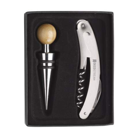 2-piece wine gift set: matte steel waiters friend and bottle stopper with rounded wooden handle. Each set in a box. Items supplied as a set with, each set individually boxed.