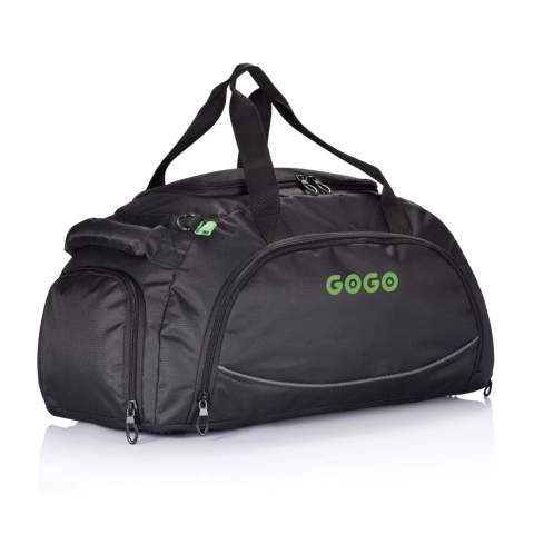 600D ripstop, zippered front pocket with organisers inside, side pocket, shoe pocket, webbing handles and shoulder strap, 4 stand feet on base, PVC free.<br /><br />PVC free: true