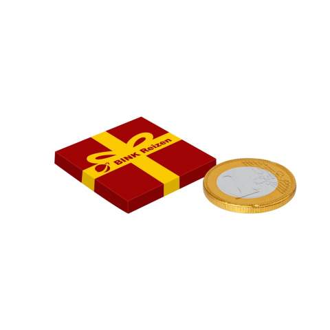 Square box full colour printed, filled with 1 chocolate coin (approx. 6 gram)